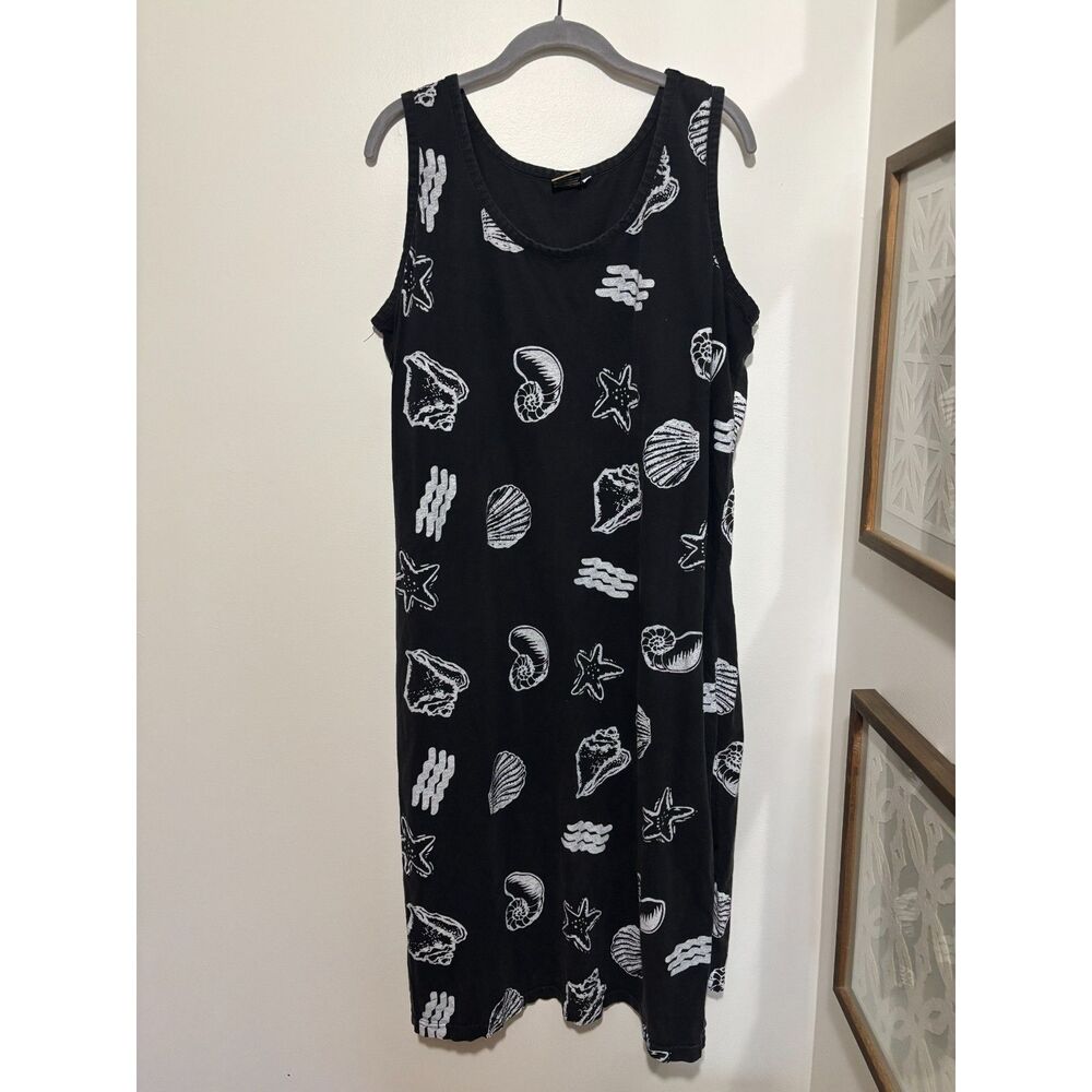 INGEAR Seashell Print Dress L Black White Sleeveless Coastal Beachy Goth Resort - Picture 2 of 9